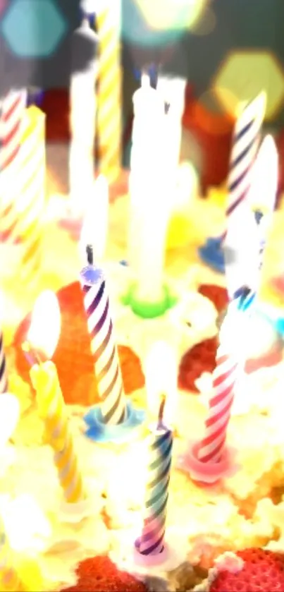 Colorful birthday candles on a cake with bokeh lights.