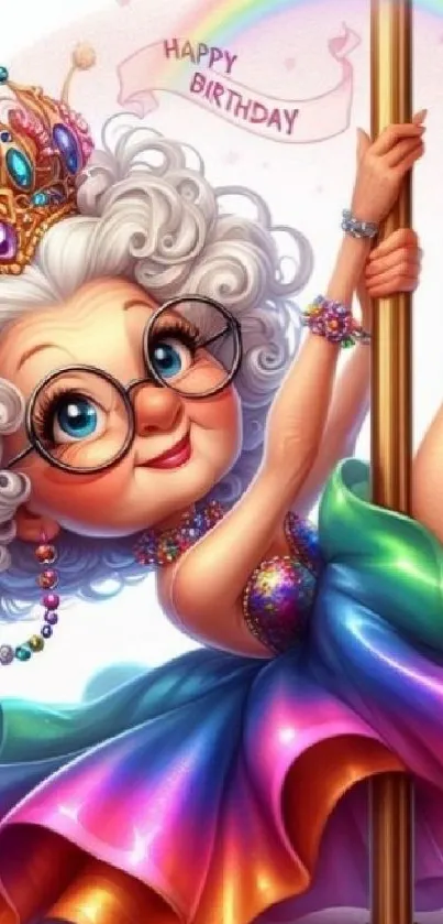 Whimsical elderly woman celebrating birthday with vibrant rainbow dress.