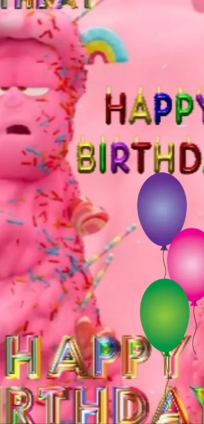 Vibrant pink birthday wallpaper with colorful balloons and confetti.