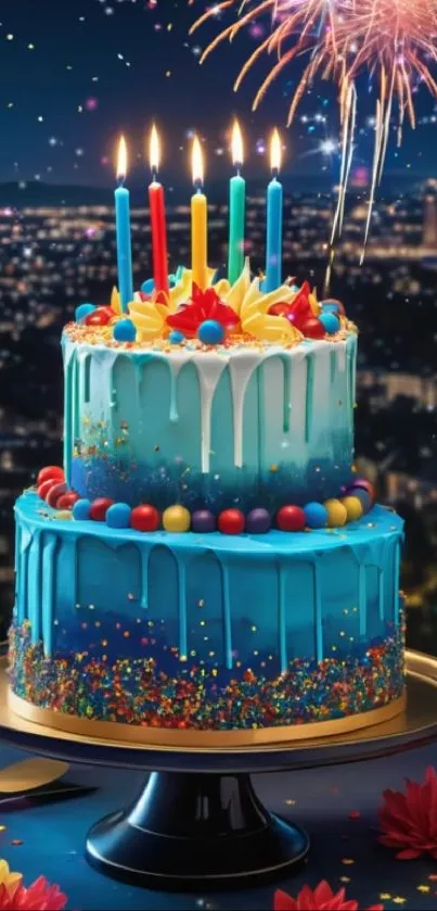 Vibrant birthday cake with fireworks at night.