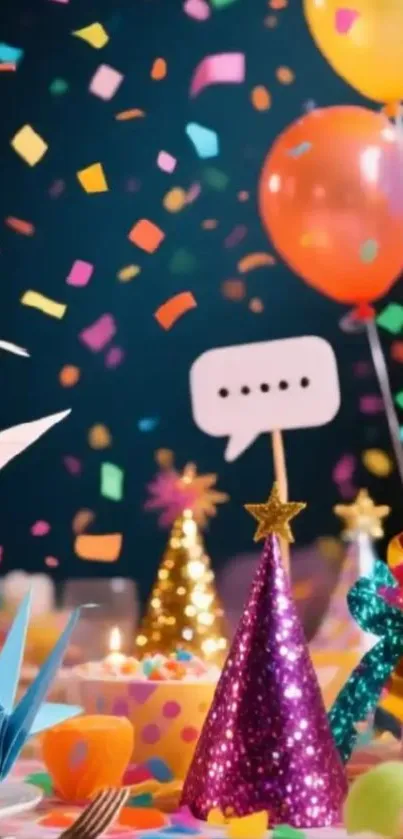Vibrant birthday party scene with colorful decorations and balloons.