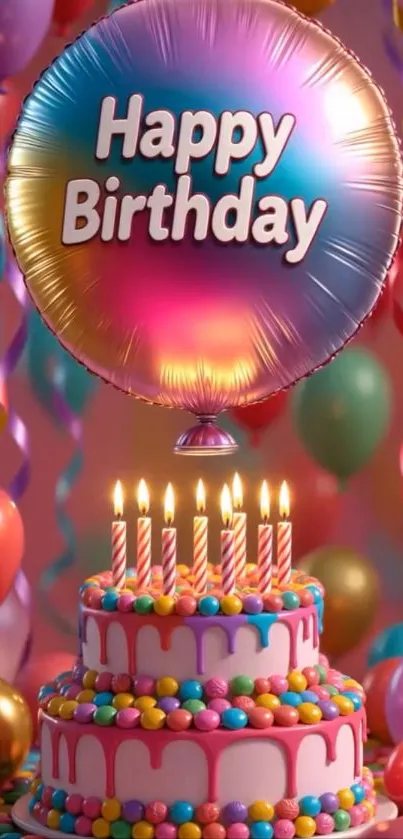 Festive birthday wallpaper with colorful balloon and cake.