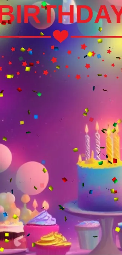 Vibrant birthday mobile wallpaper with cake, candles, and festive confetti.