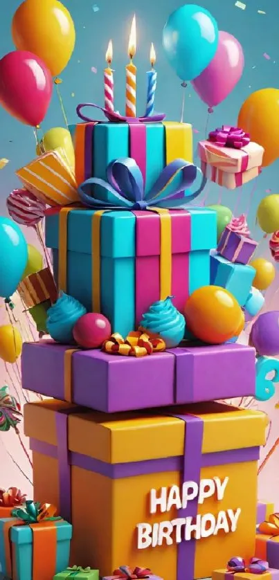 Colorful birthday gift boxes with balloons and candles.