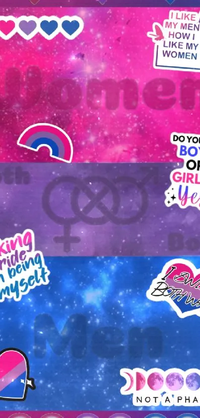 Vibrant bisexual pride wallpaper with hearts and empowering messages.