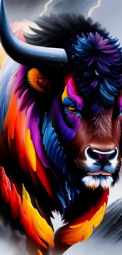 Colorful artistic bison with vibrant abstract patterns.