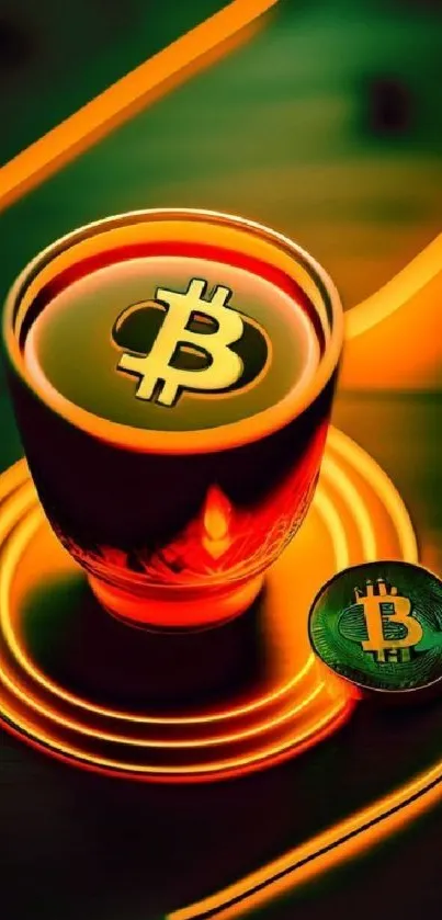 Vibrant Bitcoin-themed coffee cup wallpaper with glowing orange hues.