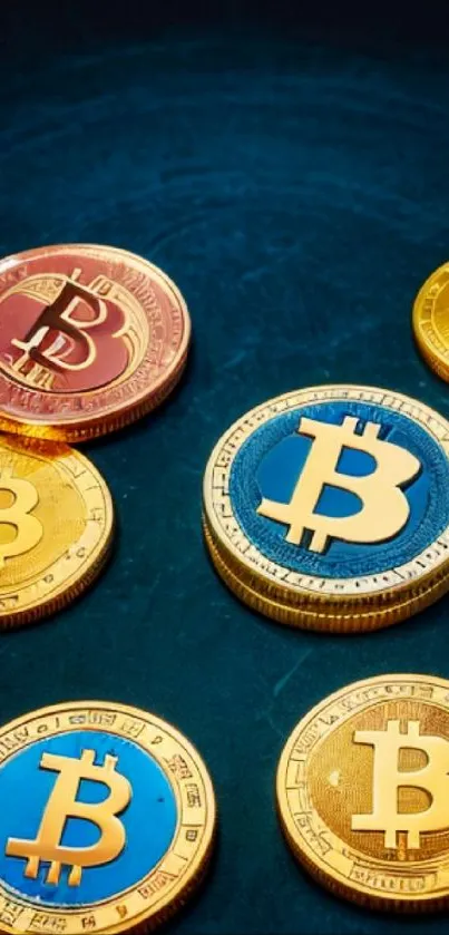 Bitcoin coins on a blue background wallpaper.