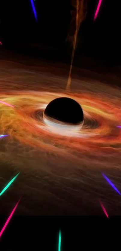 Colorful black hole with cosmic rays and swirling patterns.