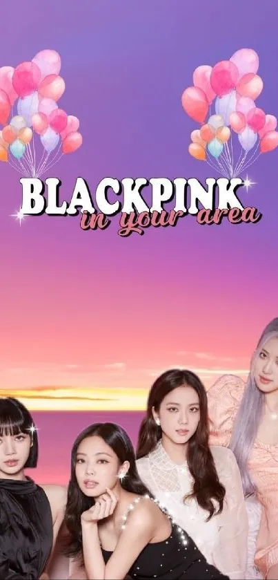 Blackpink themed wallpaper with sunset and balloons.