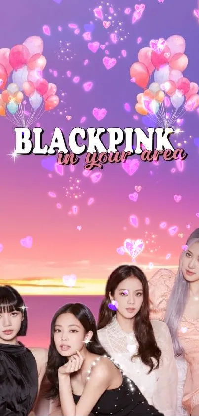 Blackpink sunset wallpaper with balloons and vibrant colors.