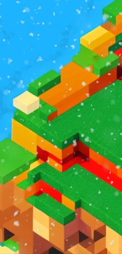 Colorful block puzzle wallpaper with geometric shapes and snow effect.