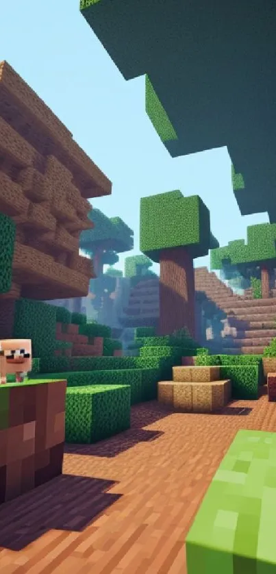 Blocky forest with pixelated greenery and vivid colors, ideal for gamers.