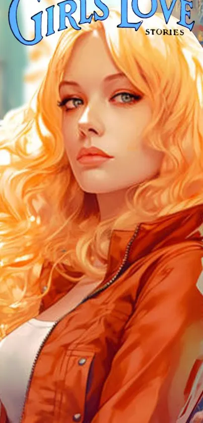 Blonde woman in comic style with vibrant orange jacket.