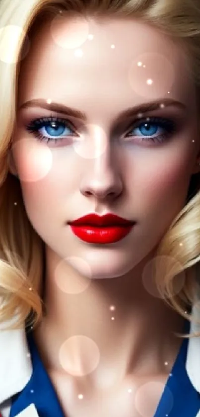 Elegant blonde woman with striking blue eyes and red lips mobile wallpaper.