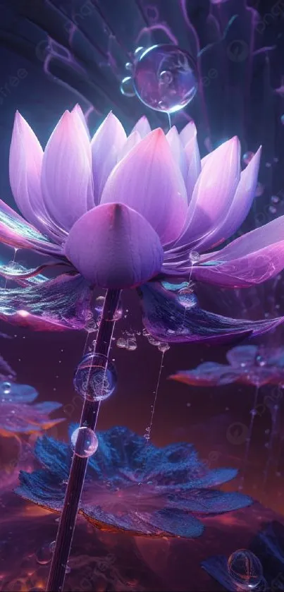 Purple lotus with bubbles in fantasy setting.