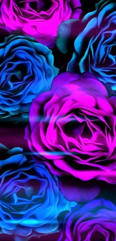 Vibrant roses in purple and blue on a black background.