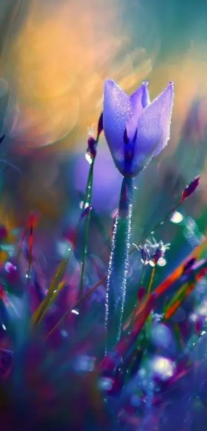 Purple flower with dew in a vibrant bokeh background.