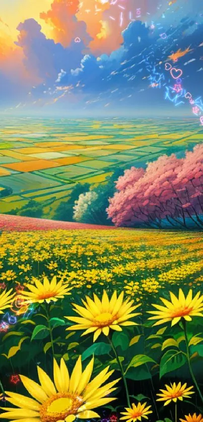 Vibrant field with sunflowers and pink blossoms under a colorful sky.