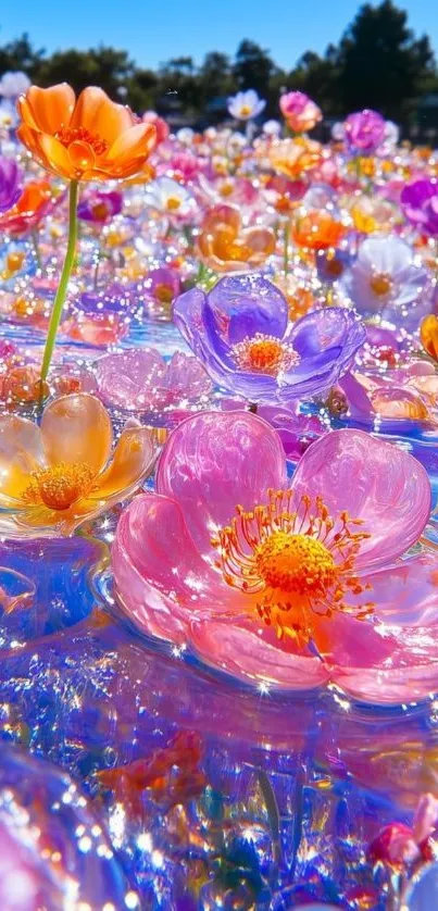 Colorful blooming flowers in a fantasy setting
