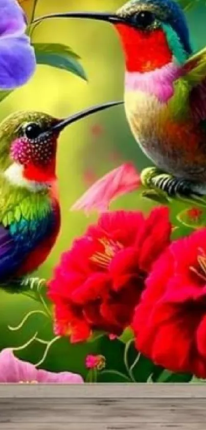 Vibrant hummingbird and floral design wallpaper with green background.