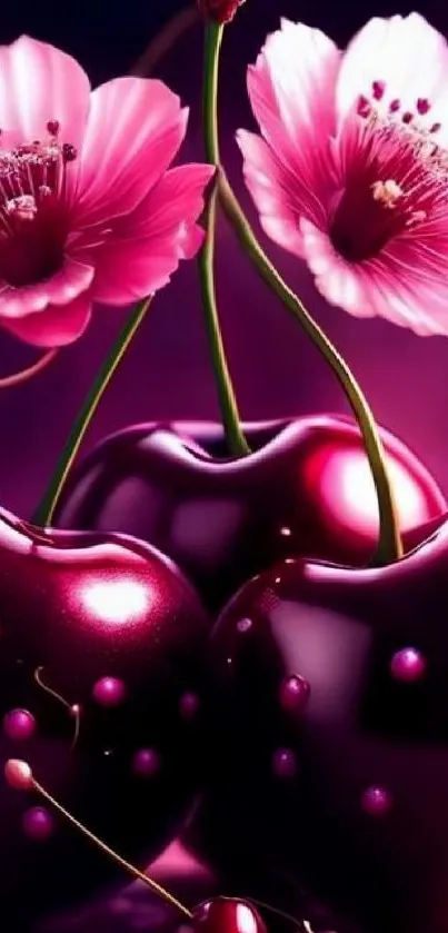 Artistic cherry blossom and fruit wallpaper with vibrant magenta hues.