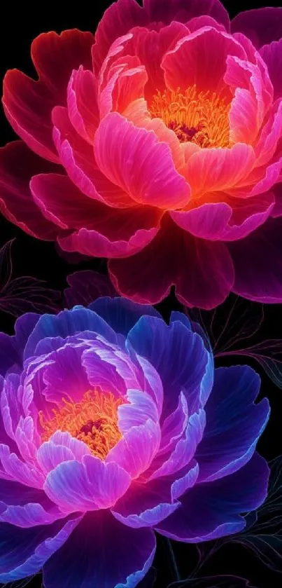 Neon flowers with vibrant petals in dark background.