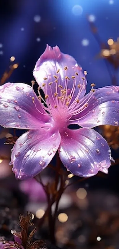 Pink blossom with water droplets in a dreamy setting.