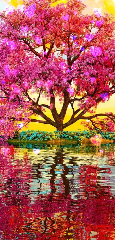 Vibrant pink cherry blossom tree reflecting on water at sunset.