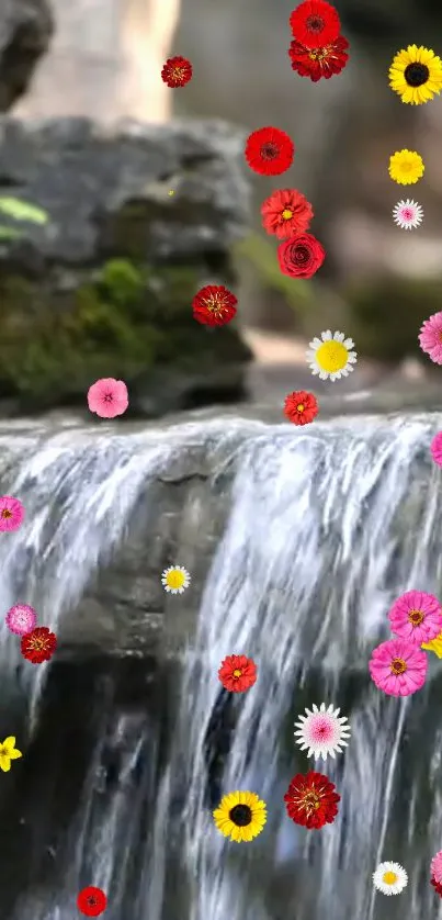 Colorful flowers cascading by a serene waterfall.