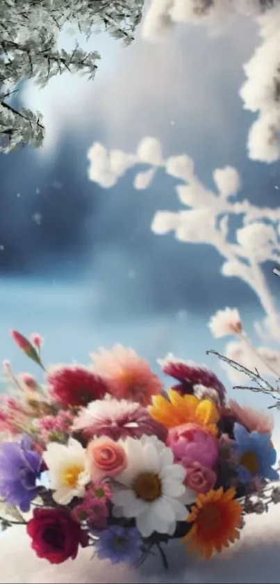 A bouquet of colorful flowers in a snowy winter landscape.
