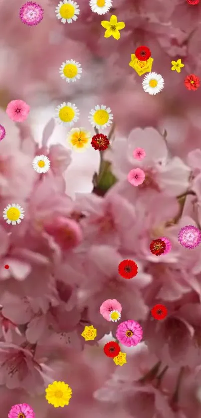 Vibrant pink cherry blossoms wallpaper with colorful floating flowers.