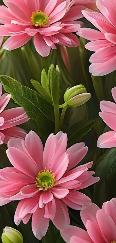 Pink flowers and green leaves wallpaper.