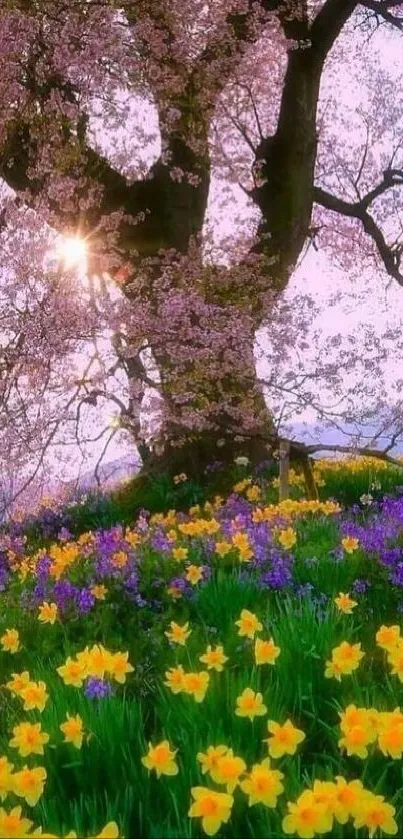 Cherry blossom tree with colorful flowers in a scenic spring meadow.