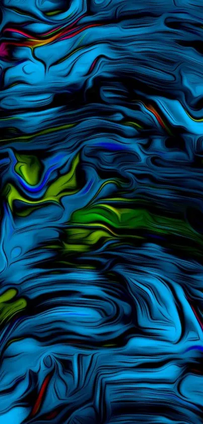 Vibrant blue abstract wallpaper with green swirls.