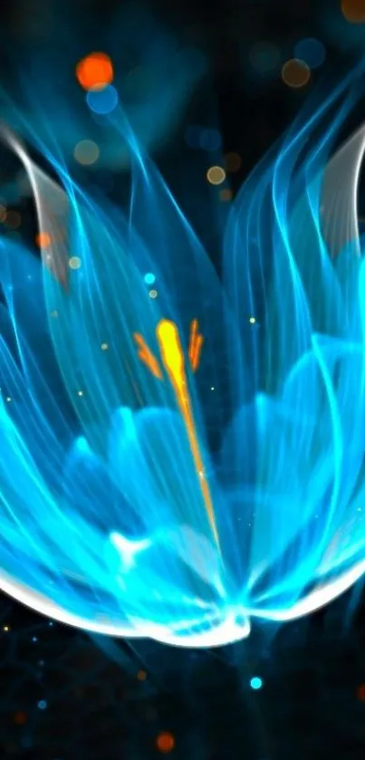 Abstract blue flower with luminous petals and glowing accents on dark background.