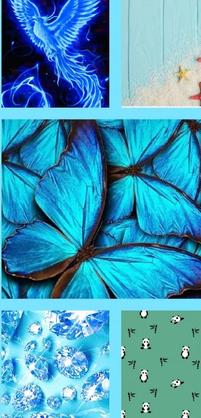 Vibrant blue collage with butterflies, ocean scenes, and inspirational quotes.