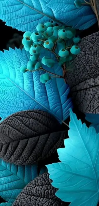 Blue and black textured leafy wallpaper.