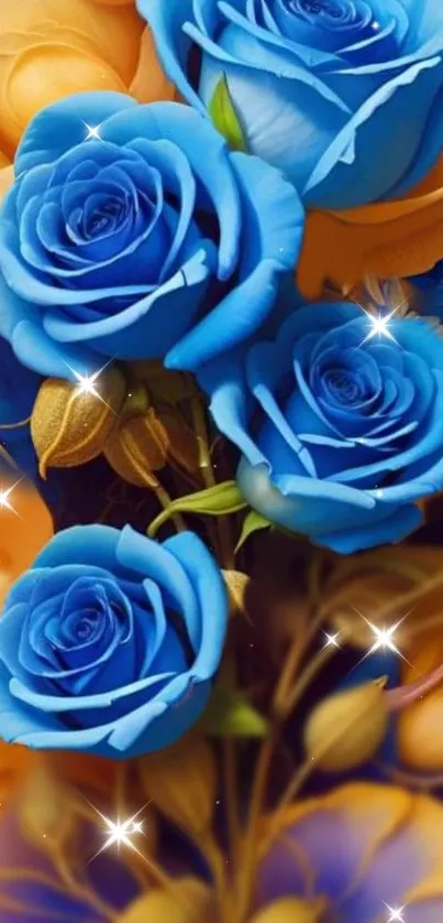 Vibrant blue roses with gold background and sparkles.