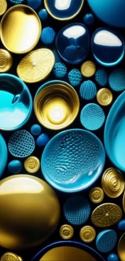 Abstract blue and gold circular patterns on a black background.