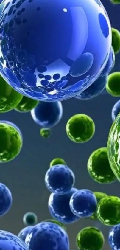 Dynamic wallpaper with blue and green spheres floating on a dark background.
