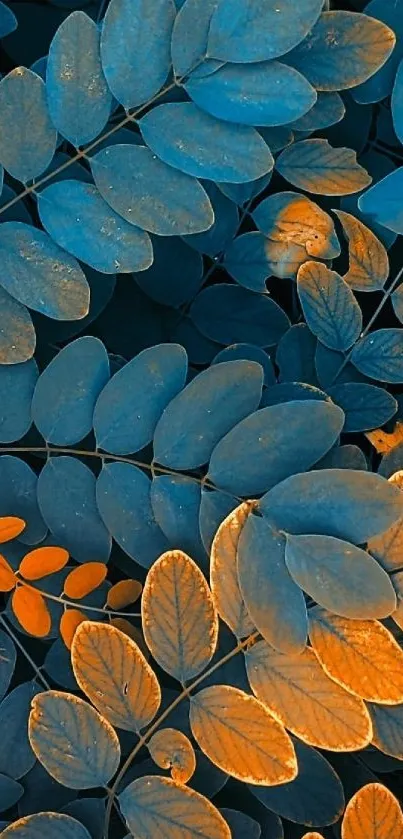 Blue and orange leaves create a vibrant artistic mobile wallpaper.