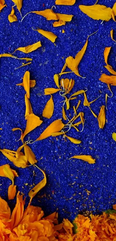 Blue and orange floral mobile wallpaper with petals and flowers.