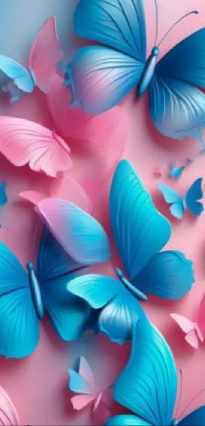 Blue and pink butterflies create a vibrant mobile wallpaper design.