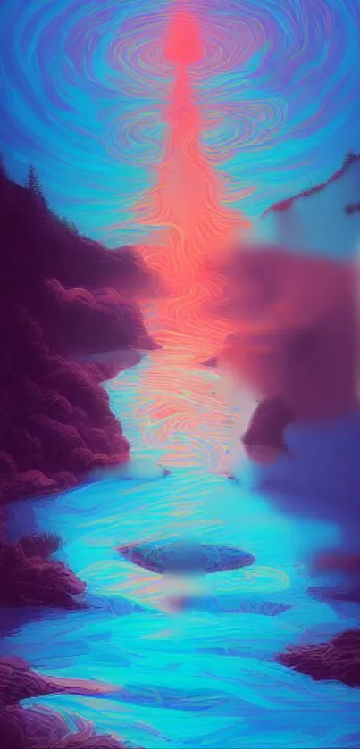 Vibrant blue and pink river with swirling sky and vivid colors.