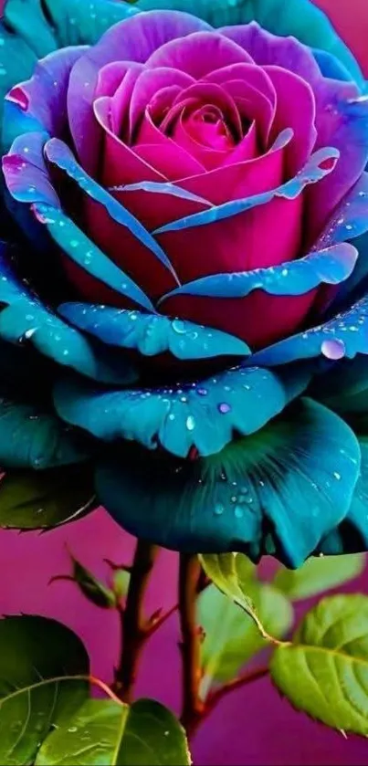 Vibrant blue and purple rose with water droplets.
