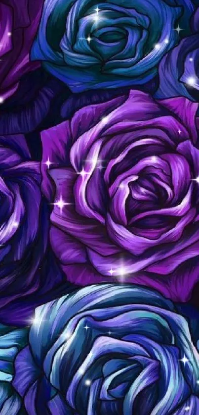 Vibrant wallpaper featuring blue and purple roses with a digital art touch.