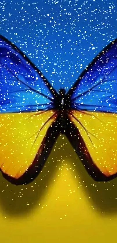 Blue and yellow butterfly with sparkling snow effect.