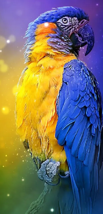 Vibrant blue and yellow parrot on colorful background wallpaper.