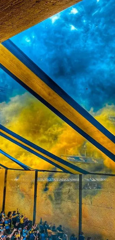 Vibrant stadium scene in blue and yellow colors, showcasing dynamic fan energy.